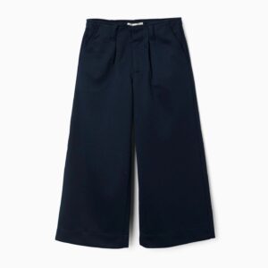 Pantalón niña pierna ancha azul marino punto interlock suave cintura elástica ajustable pliegues delanteros bolsillos laterales cierre automático botón decorativo