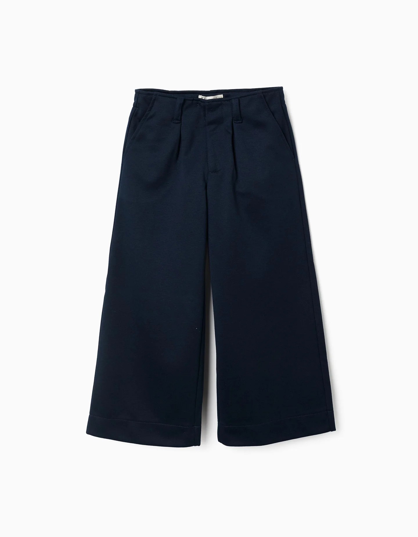 Pantalón niña pierna ancha azul marino punto interlock suave cintura elástica ajustable pliegues delanteros bolsillos laterales cierre automático botón decorativo