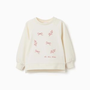 Sudadera niña blanca crema estampado relieve lazos hojas rosas texto Arts Savoir Excellent mangas abullonadas raglán puños acanalados dobladillo asimétrico aberturas laterales algodón