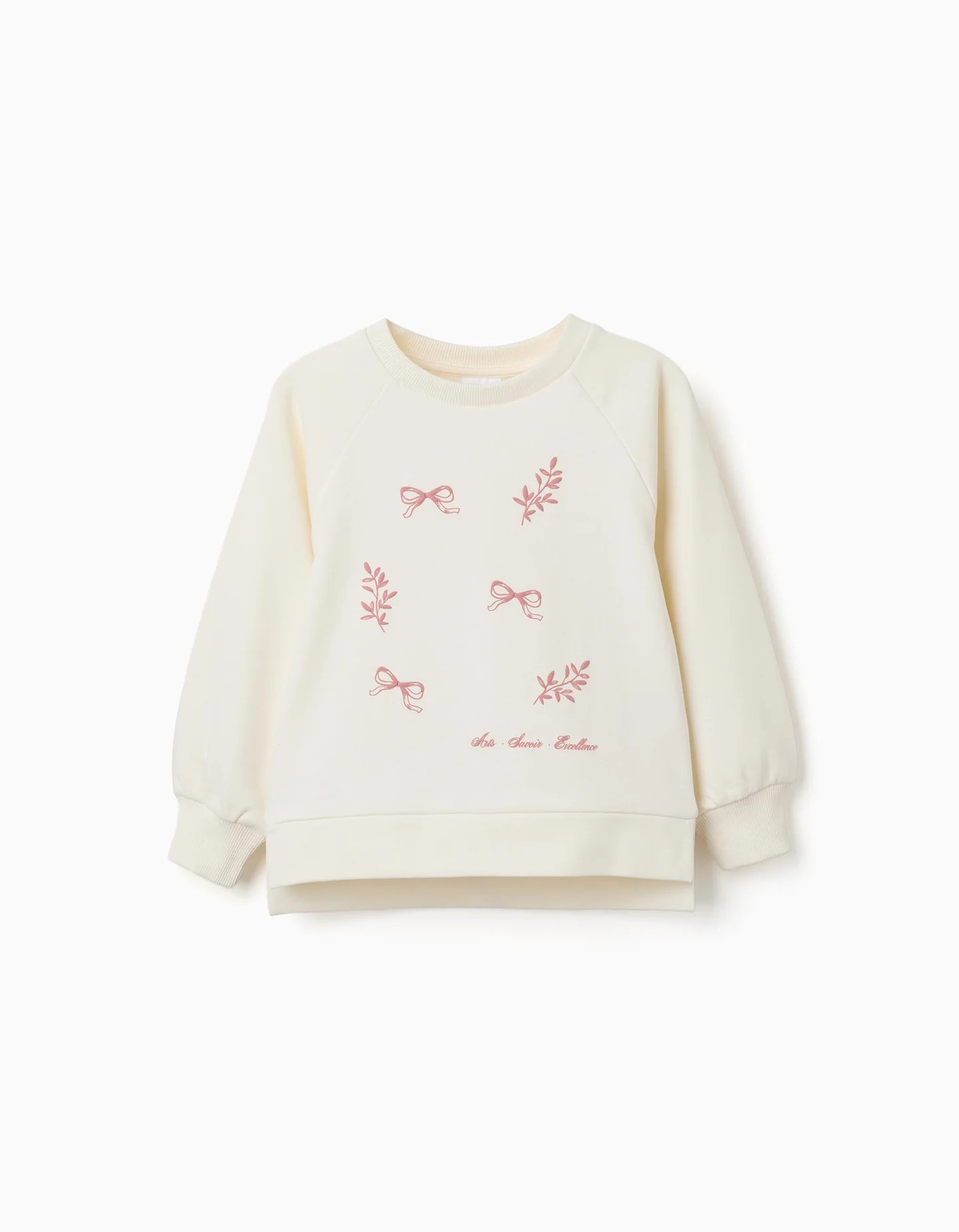 Sudadera niña blanca crema estampado relieve lazos hojas rosas texto Arts Savoir Excellent mangas abullonadas raglán puños acanalados dobladillo asimétrico aberturas laterales algodón