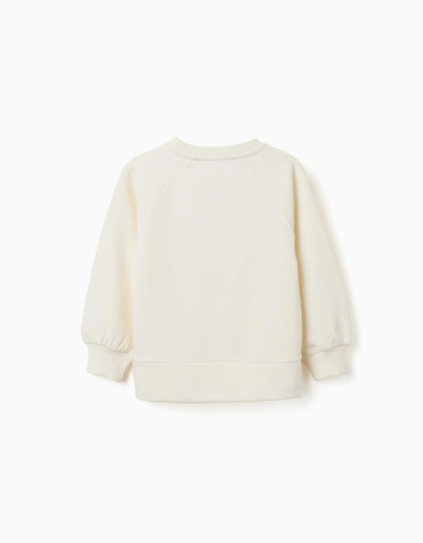 Sudadera niña blanca crema estampado relieve lazos hojas rosas texto Arts Savoir Excellent mangas abullonadas raglán puños acanalados dobladillo asimétrico aberturas laterales algodón