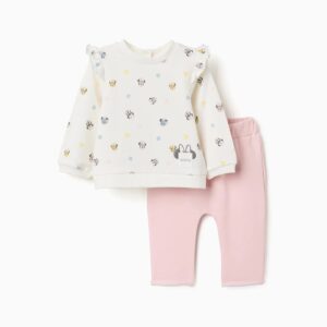 Conjunto chándal bebé recién nacida Minnie Mouse sudadera blanca volantes pantalón rosa claro forro perchado cintura elástica algodón elastano