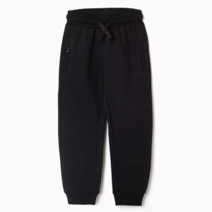 Pantalón chándal niño jogger negro liso cintura elástica cordón ajustable bolsillos cremallera puños elásticos.