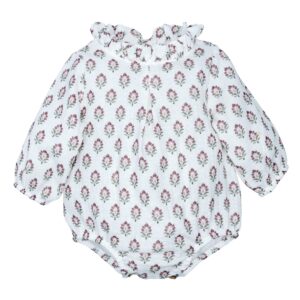 Pelele bebe Calamaro Meira blanco roto estampado floral granate verde cuello volante mangas abullonadas