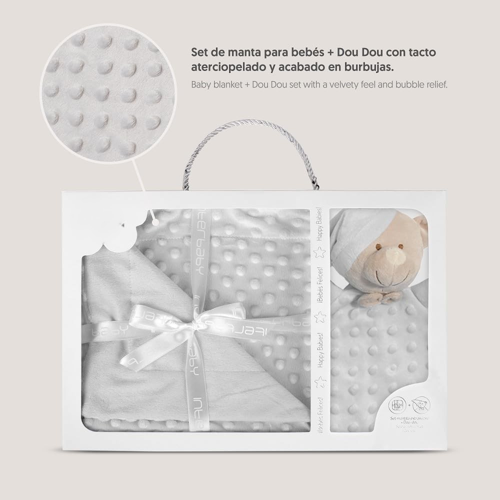 Set manta dou dou bebe osito minky borreguito gris puntos relieve 80x110 cm gorrito dormir nudos,