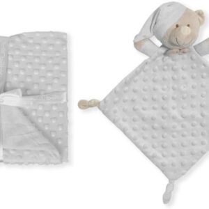 Set manta dou dou bebe osito minky borreguito gris puntos relieve 80x110 cm gorrito dormir nudos,