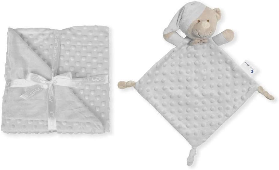 Set manta dou dou bebe osito minky borreguito gris puntos relieve 80x110 cm gorrito dormir nudos,