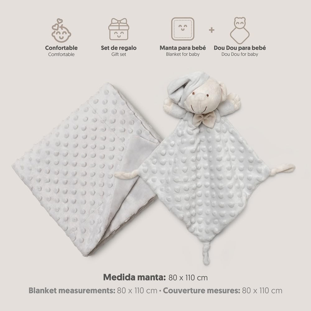 Set manta dou dou bebe osito minky borreguito gris puntos relieve 80x110 cm gorrito dormir nudos,