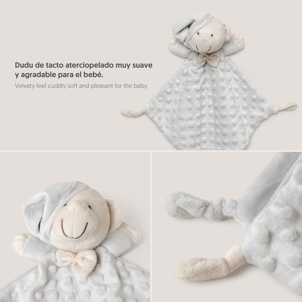 Set manta dou dou bebe osito minky borreguito gris puntos relieve 80x110 cm gorrito dormir nudos,
