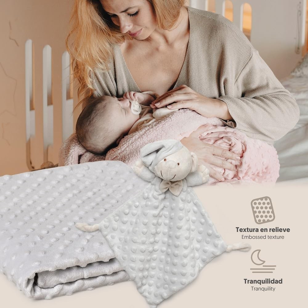 Set manta dou dou bebe osito minky borreguito gris puntos relieve 80x110 cm gorrito dormir nudos,