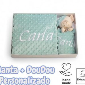 Set manta dou dou bebe osito minky borreguito blanco roto crema puntos relieve 80x110 cm gorrito dormir nudos, verde