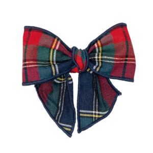 Lazo pelo nina tartán escocés cuadros rojo verde azul amarillo ribete azul marino complemento conjunto pololo bebe