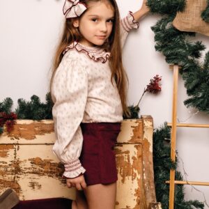 Lazo pelo nina ramitas verdes puntitos rojizos ribete granate complemento vestido conjunto pololo bebe Calamaro Cangas