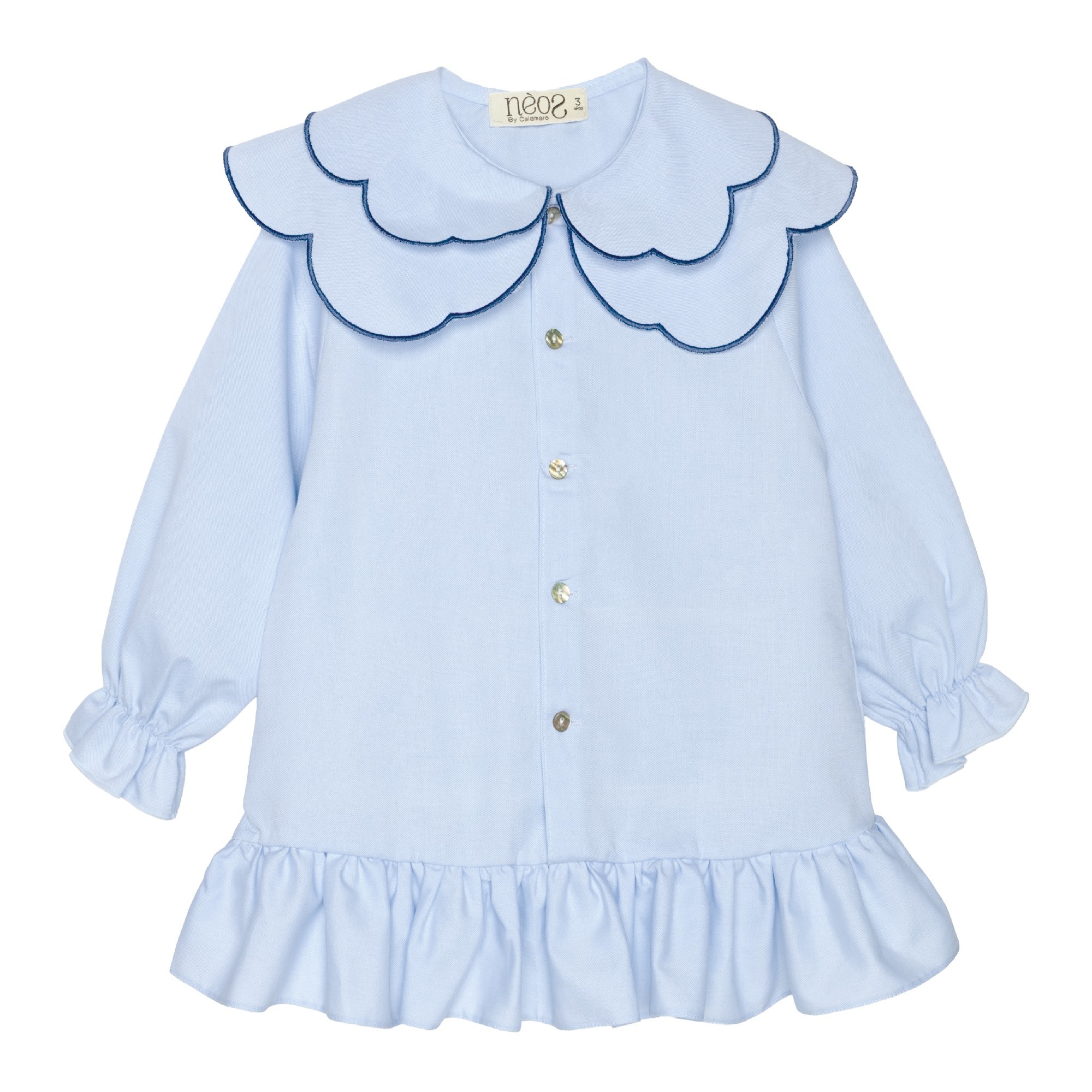 Vestido niña Calamaro Anemone azul claro manga larga cuello ondas ribete azul oscuro botones puños elasticos volante fruncido Vestido niña Calamaro Anemone azul claro manga larga cuello ondas ribete azul oscuro botones puños elasticos volante fruncido