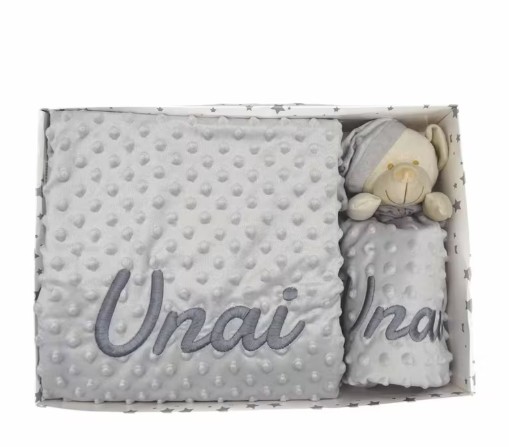 Set manta dou dou bebe osito minky borreguito gris puntos relieve 80x110 cm gorrito dormir nudos,
