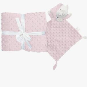 Set manta dou dou bebe osito minky borreguito rosa puntos relieve 80x110 cm gorrito dormir nudos