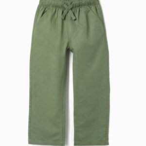 Pantalón niño lino verde cintura elástica cordón ajustable bolsillos laterales bolsillo trasero ojal Zippy