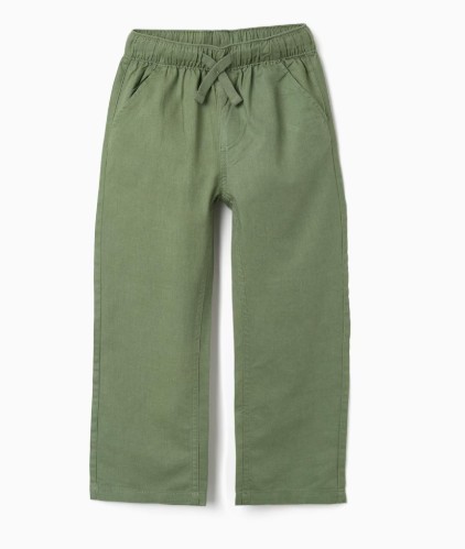 Pantalón niño lino verde cintura elástica cordón ajustable bolsillos laterales bolsillo trasero ojal Zippy