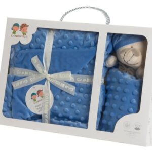 Set manta dou dou bebe osito minky borreguito azul puntos relieve 80x110 cm gorrito dormir nudos
