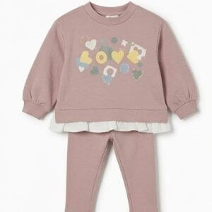 Conjunto bebé niña rosa empolvado sudadera estampada leggings cintura ajustable