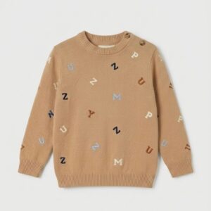 Jersey bebé niño camel letras bordadas punto fino cuello redondo botones hombro puños bajo acanalados