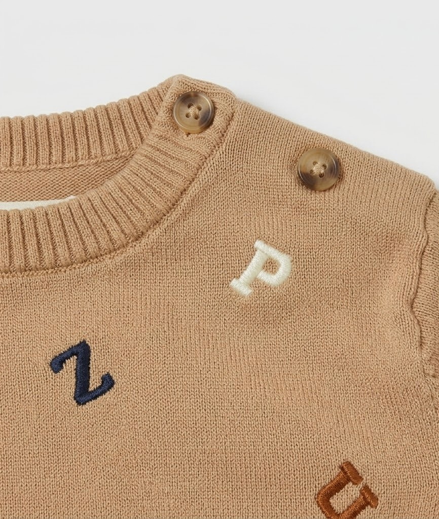 Jersey bebé niño camel letras bordadas punto fino cuello redondo botones hombro puños bajo acanalados