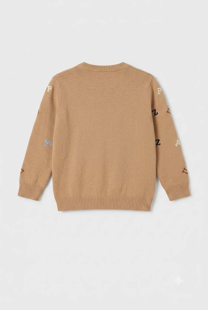 Jersey bebé niño camel letras bordadas punto fino cuello redondo botones hombro puños bajo acanalados