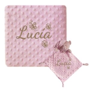 Set manta dou dou bebe osito minky borreguito rosa empolvado puntos relieve 80x110 cm gorrito dormir nudos