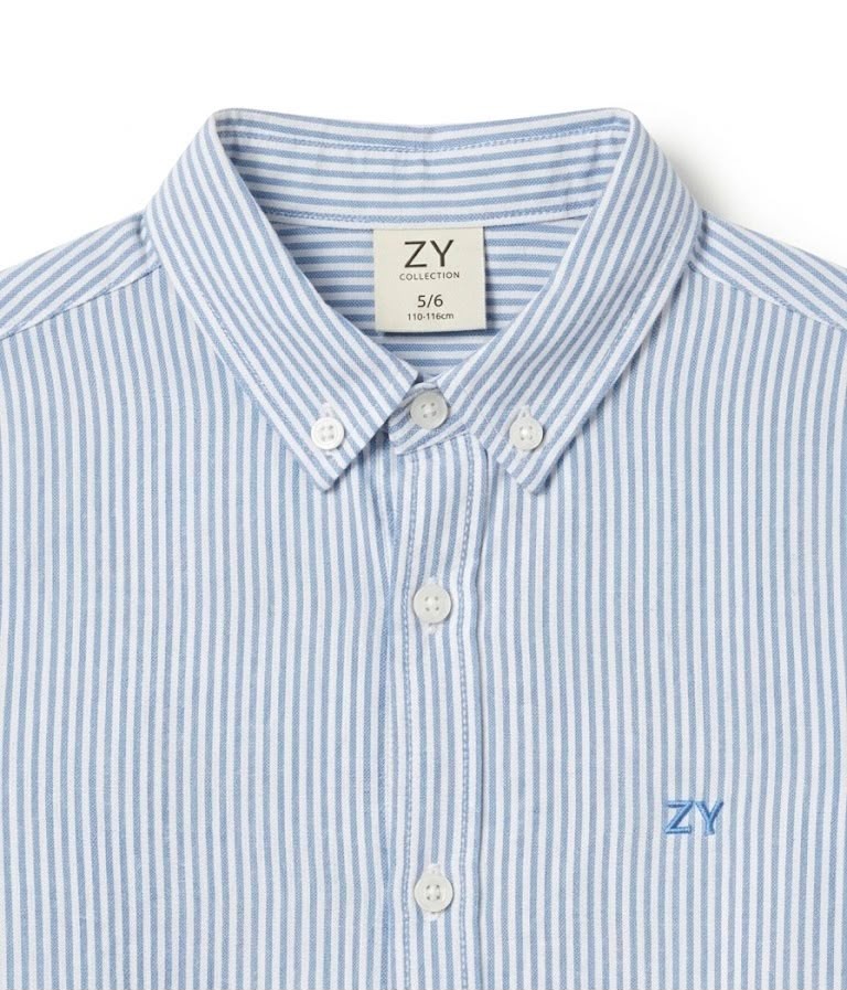Camisa niño manga larga rayas azules blancas cuello clásico botones cierre frontal botones puños botones logo ZY bordado