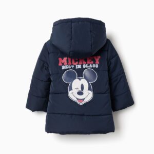 Abrigo niño Zippy acolchado azul marino capucha Mickey Mouse guiñando ojo estampado texto MICKEY BEST IN CLASS rojo blanco mangas largas