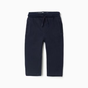Pantalón bebé piqué azul oscuro 100% algodón corte slim cintura elástica ajustable cordón funcional dos bolsillos laterales uno trasero