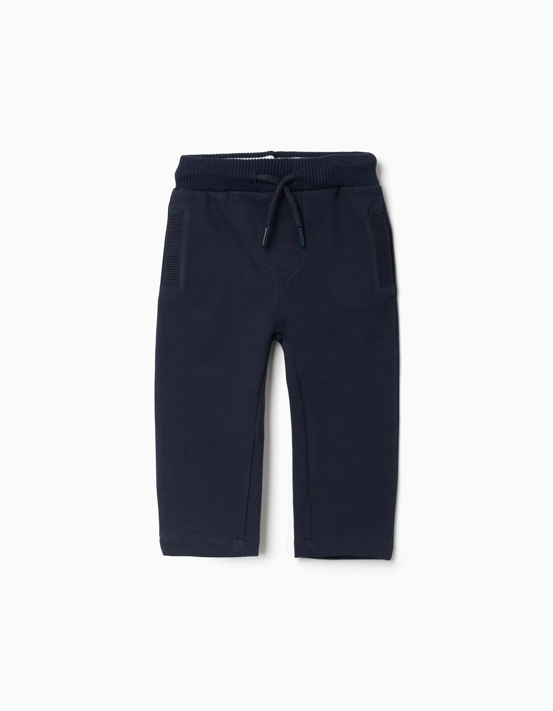 Pantalón bebé piqué azul oscuro 100% algodón corte slim cintura elástica ajustable cordón funcional dos bolsillos laterales uno trasero