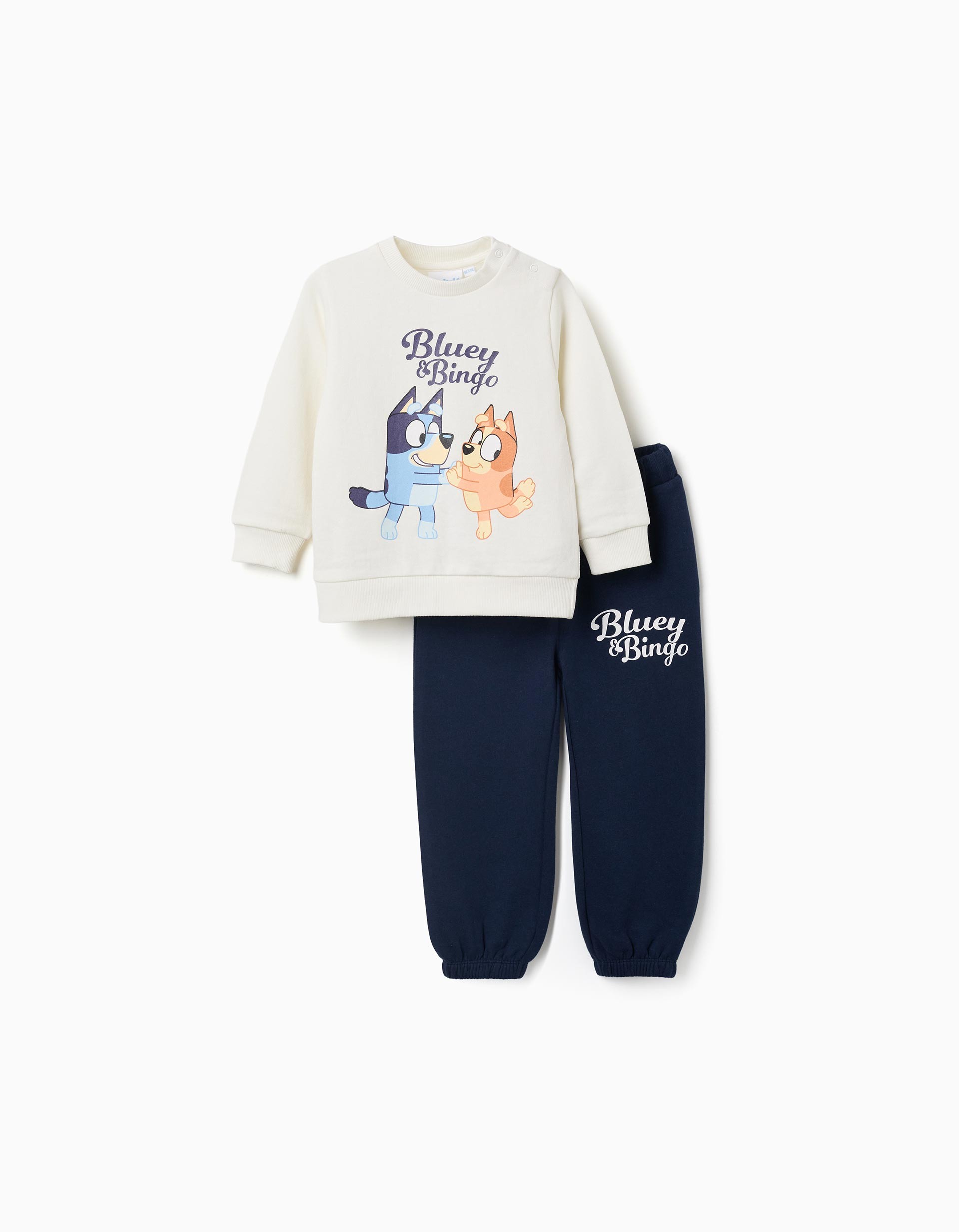 Conjunto chándal niño Bluey y Bingo sudadera blanca jogger azul marino 100% algodón estampado personajes automáticos hombro puños acanalados cintura elástica dobladillos elásticos.