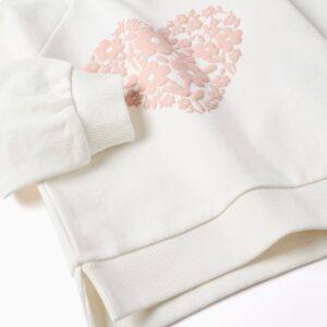 Sudadera niña manga larga blanco roto crema cuello redondo puños bajo elasticos corazon flores relieve rosa empolvado mangas abullonada