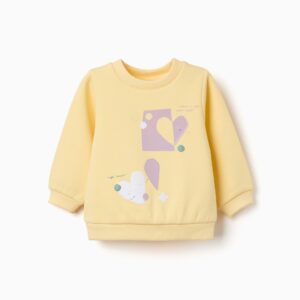 Sudadera bebé niña amarilla estampado corazones algodón perchado mangas abullonadas extremos acanalados aberturas laterales
