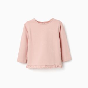 Camiseta bebé niña manga larga rosa claro lazos estampados dobladillo volantes botón espalda algodón elastano