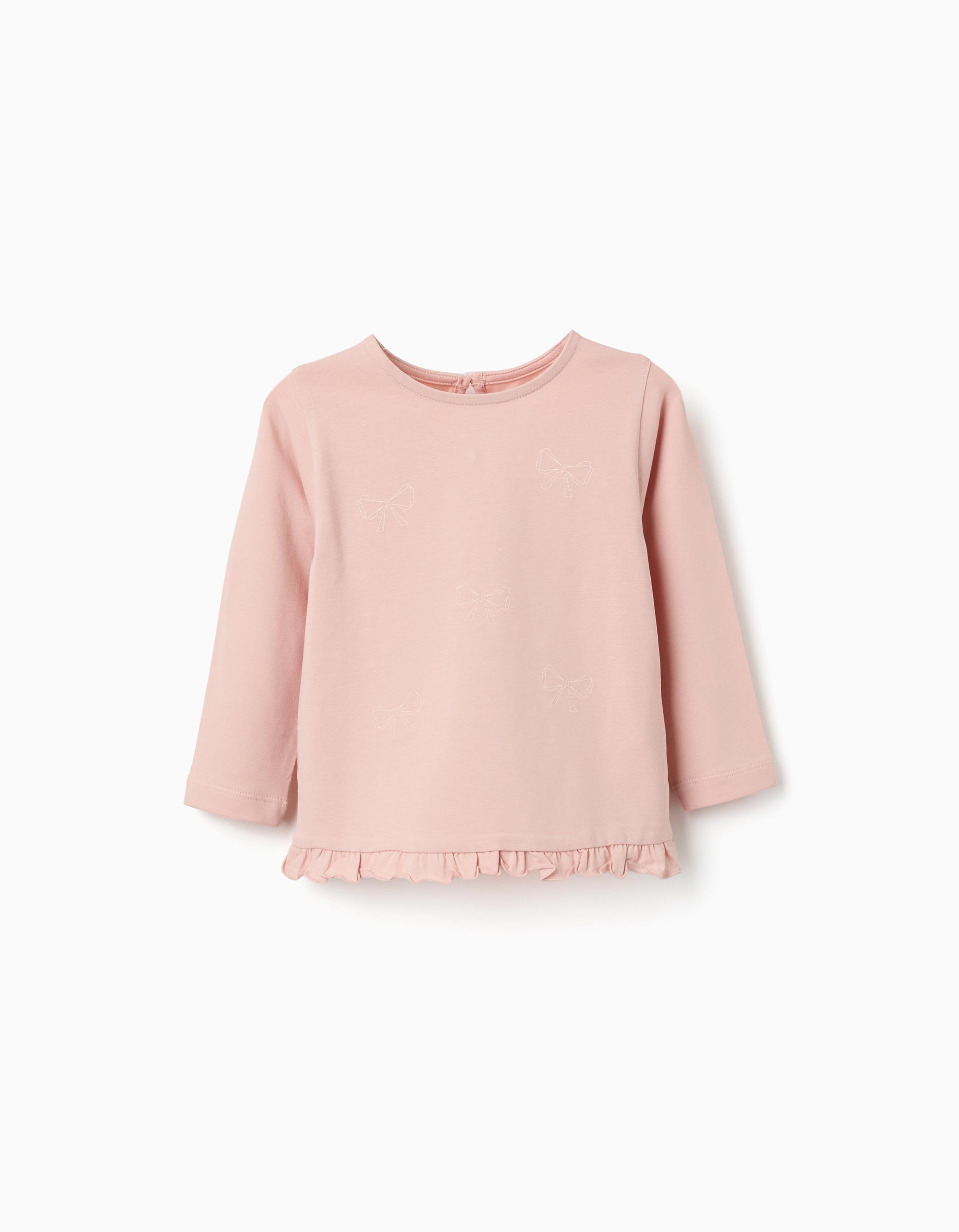 Camiseta bebé niña manga larga rosa claro lazos estampados dobladillo volantes botón espalda algodón elastano