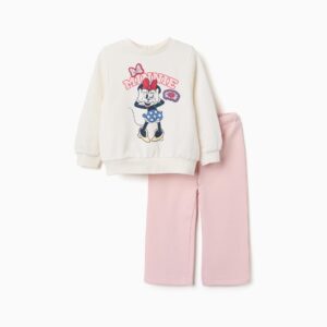 Conjunto niña sudadera blanca Minnie Mouse pantalón rosa felpa cuello redondo mangas largas puños elásticos bajo elástico cintura elástica