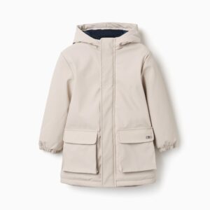Parka de Goma con Capucha y Forro en Jersey para Niño, Beige