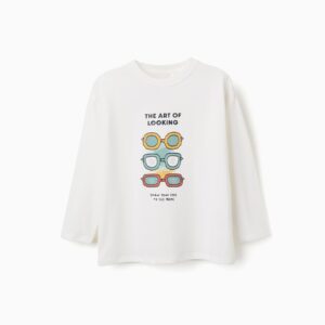 Camiseta niño 3-14 años manga larga blanca crema 100% algodón estampado gafas colores The Art of Looking Open Your Eyes To The World hombros caidos cuello acanalado etiqueta estampada Oeko-Tex Standard 100