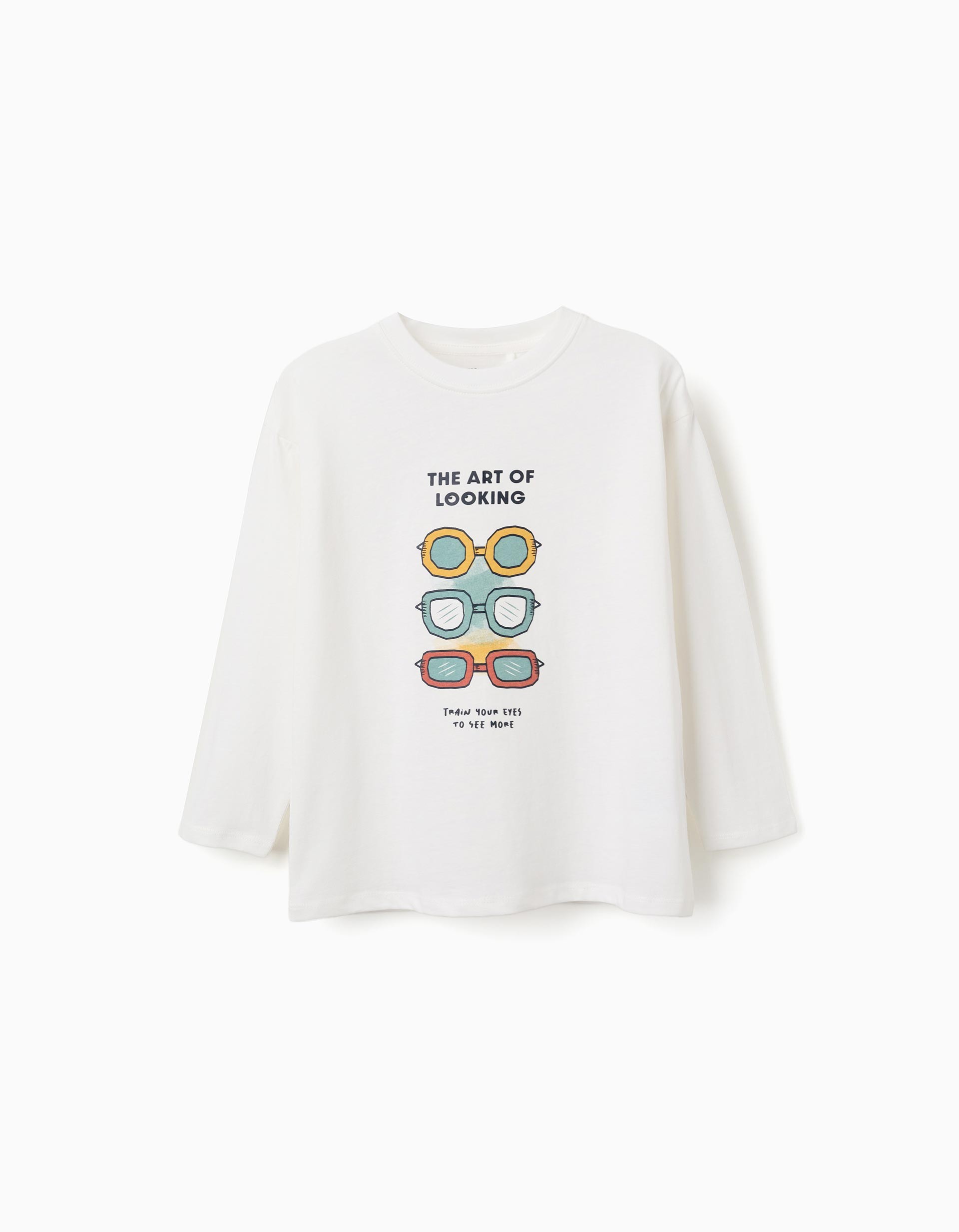 Camiseta niño 3-14 años manga larga blanca crema 100% algodón estampado gafas colores The Art of Looking Open Your Eyes To The World hombros caidos cuello acanalado etiqueta estampada Oeko-Tex Standard 100