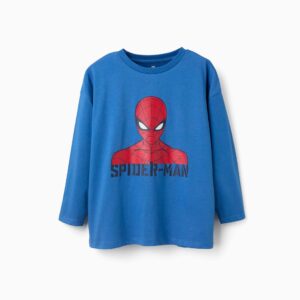 Camiseta niño manga larga azul 100% algodón estampado Spider-Man Marvel hombros caidos cuello acanalado etiqueta interior estampada