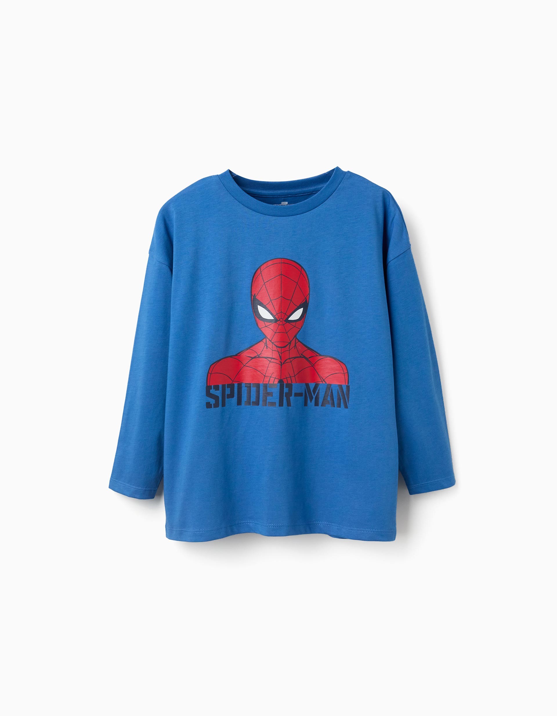 Camiseta niño manga larga azul 100% algodón estampado Spider-Man Marvel hombros caidos cuello acanalado etiqueta interior estampada