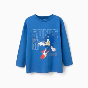 Camiseta niño manga larga azul electrico Sonic the Hedgehog estampado frontal Let's Go cuello redondo puños rectos bajo recto