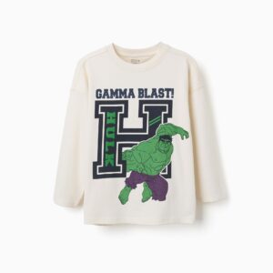 Camiseta niño manga larga blanca crema 100% algodón estampado Hulk Marvel relieve hombros caidos cuello acanalado etiqueta interior estampada
