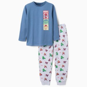 Pijama niño superhéroes Marvel algodón camiseta azul Spiderman Hulk Iron Man pantalón gris claro