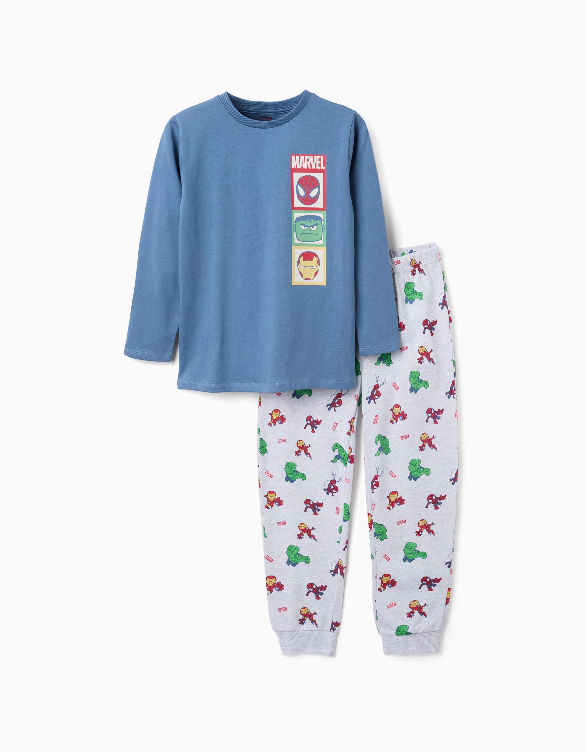 Pijama niño superhéroes Marvel algodón camiseta azul Spiderman Hulk Iron Man pantalón gris claro