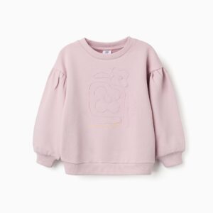 Sudadera niña lila claro 100% algodón corazón floral relieve art in bloom hombros caidos mangas abullonadas puños acanalados bajo acanalado