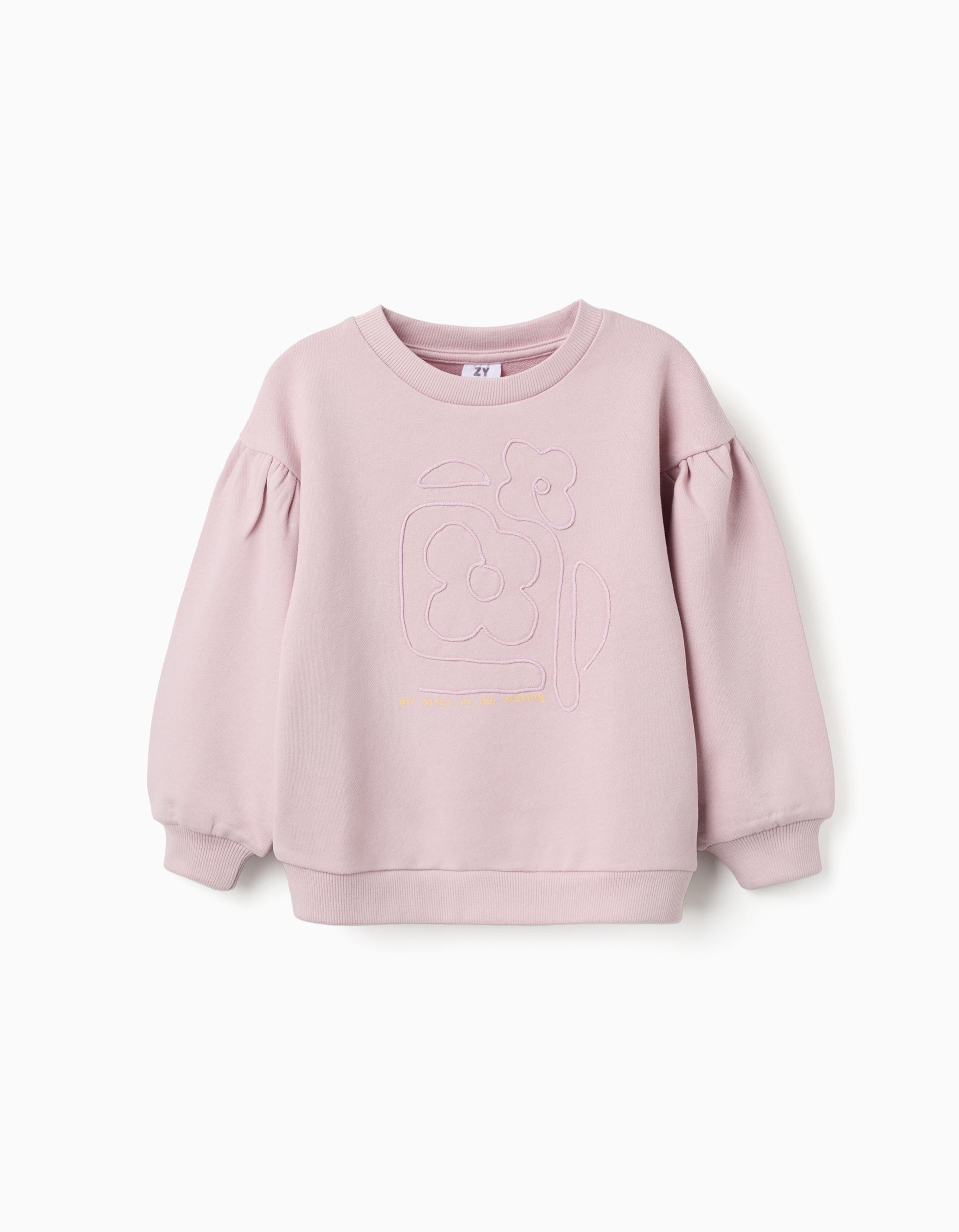 Sudadera niña lila claro 100% algodón corazón floral relieve art in bloom hombros caidos mangas abullonadas puños acanalados bajo acanalado
