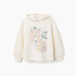 Sudadera nina blanca rota crema capucha estampado floral flores pastel art in bloom mangas largas puños elasticos bajo elastico